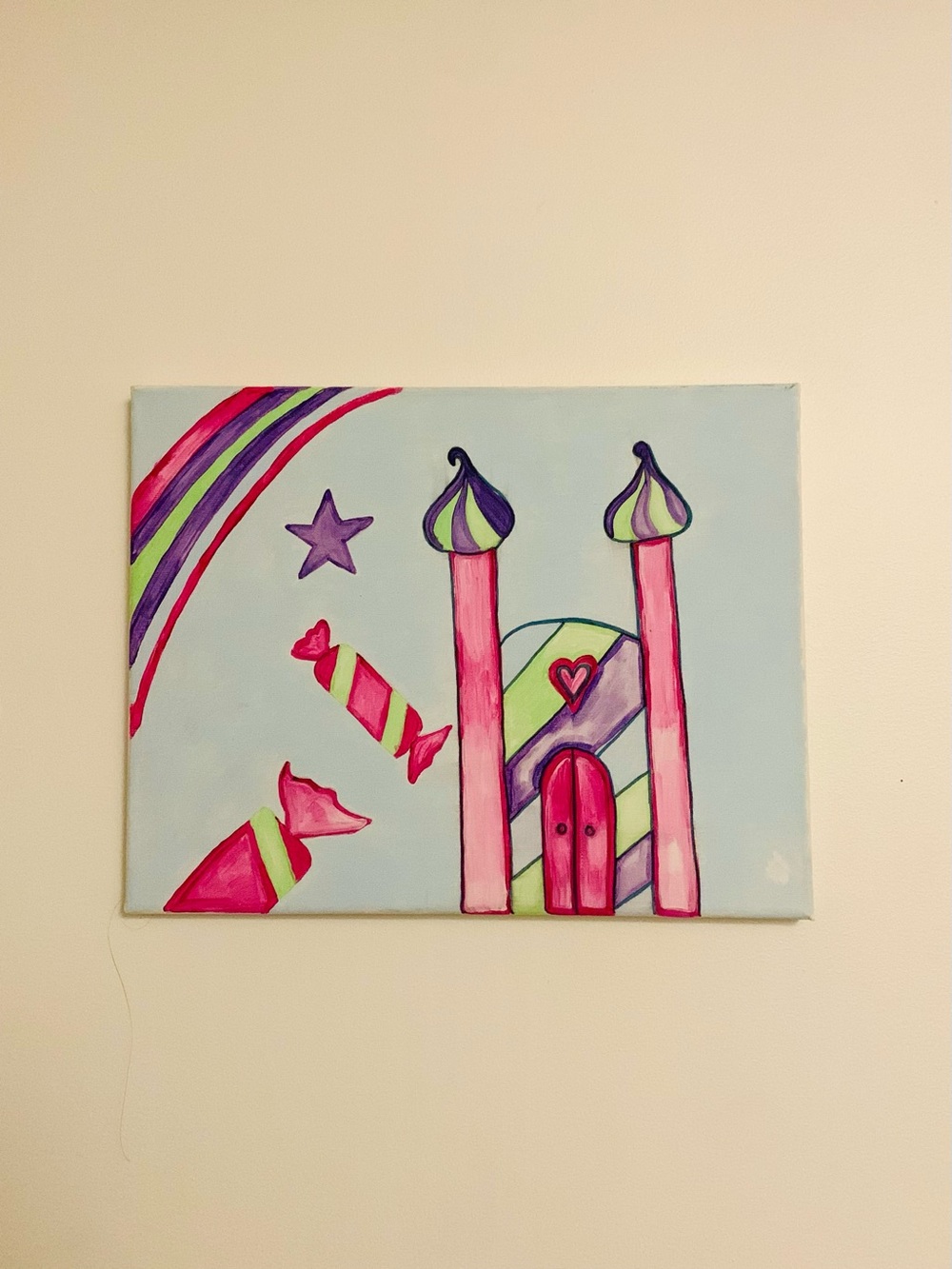Whimsical Candy Castle Wall Art in Pastel Pink & Light Blue (Art Painting) 🩷